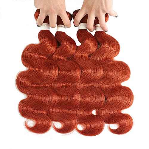 REMY HAIR Body Wave Orange Color Bundles Human Hair Bundles with 4?4 Lace Closure 100% Human Hair Natural Wave Bundles Brazilian Virgin Hair Extensions #350 Ginger Color 10 12 14 Inch with Closure 10