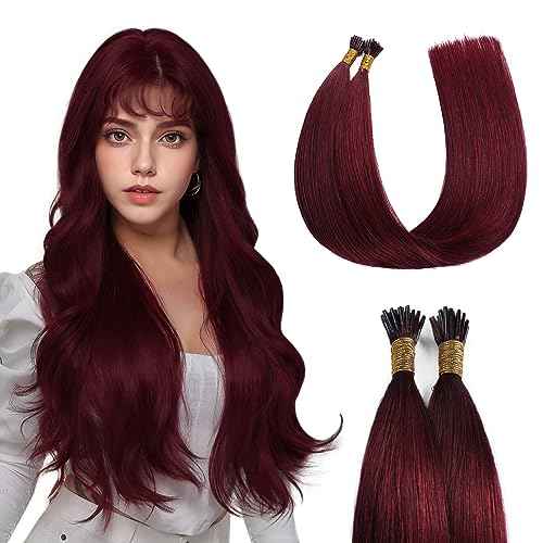 Sunya I Tip Hair Extensions Human Hair Burgundy 18 Inch Wine Red Pre Bonded I Tip Hair Cold Fusion I Tip Hair Extensions #99j 40g 50 Strands/Pack