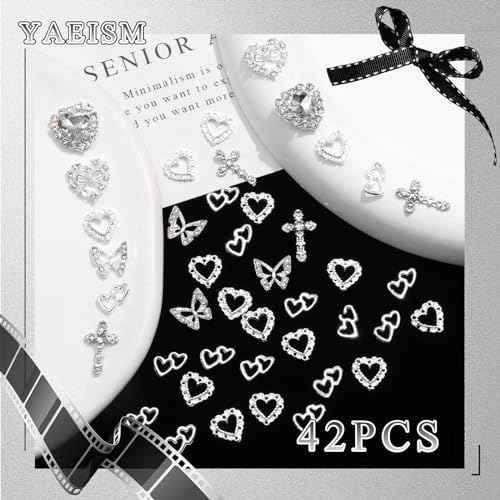 42PCS Silver Nail Charms Crystal Heart Nail Charms 3D Alloy Cross Nail Charms Metal Butterfly Charms Nail Gems Rhinestones for Women Nail Art and DIY Crafts, Small