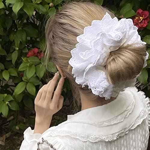 Hair Ties for Women Hair Scrunchies Girls 1 Piece Set White Scrunchie Lace Design Premium Fabric Ponytail Holder (White)