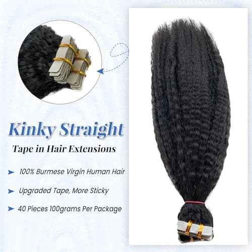 Black Tape in Extensions Real Human Hair 24 Inch Kinky Straight Tape in Hair Extensions Human Hair Black Women 40PCS 100G Invisible Natural Black Kinky Straight Human Hair Tape ins