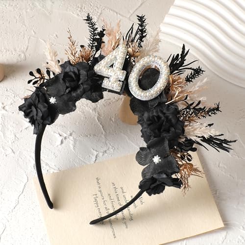 Black 40th Birthday Headband - 40th Birthday Crown for Her Gifts Ideas for Women Friends 40 Years Old Party Accessories