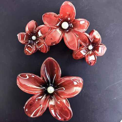 Wine Red Flower claw clips women girls,fancy hawaii flower hair clips,artificial pearls daisy decorative plumeria hair clips for thick or thin hair, Large Medium 2pc beach coquette hair accessories