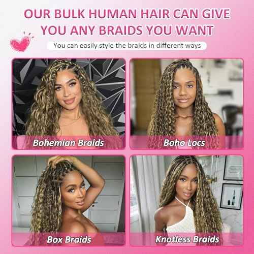 4/27# Human Braiding Hair for Boho Braids 100g Color 4/27# Bulk Deep Wave Human Hair for Braiding Ombre Blonde Brown Highlight 100% Brazilian Human Hair 20inch for Boho Braids 12A