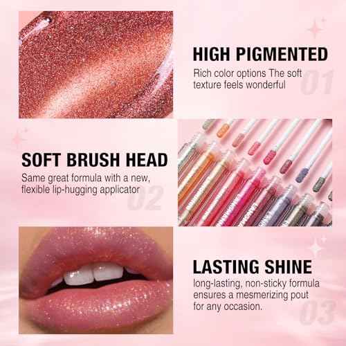 LANGMANNI 10 Colors Diamond Glitter Lip Gloss Set,Long Lasting High Shine Shimmer Liquid Lipstick Set,Hydrating,Moisturizing Lip Gloss Kit Gift Makeup For Girls