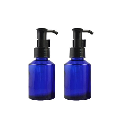 QUUPY 2PCS 60ml Upscale Refillable Cobalt Glass Lotion Pump Bottle with Black Lock Dispenser Toiletries Bottle Cosmetic Container Jar Pot for Cream Essence Shampoo Body Wash
