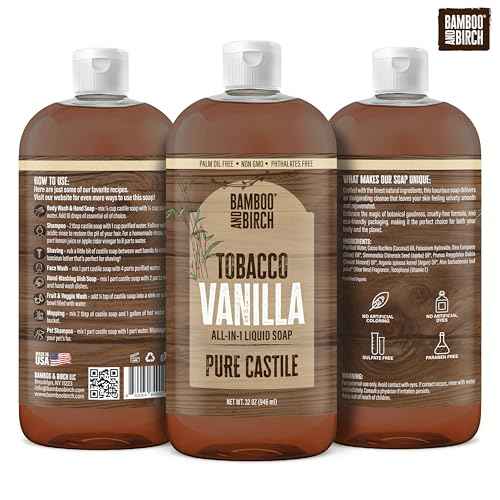 BAMBOO AND BIRCH Pure Castile Soap Liquid, Certified Palm Oil Free Natural Soap, Tobacco Vanilla, 32 oz
