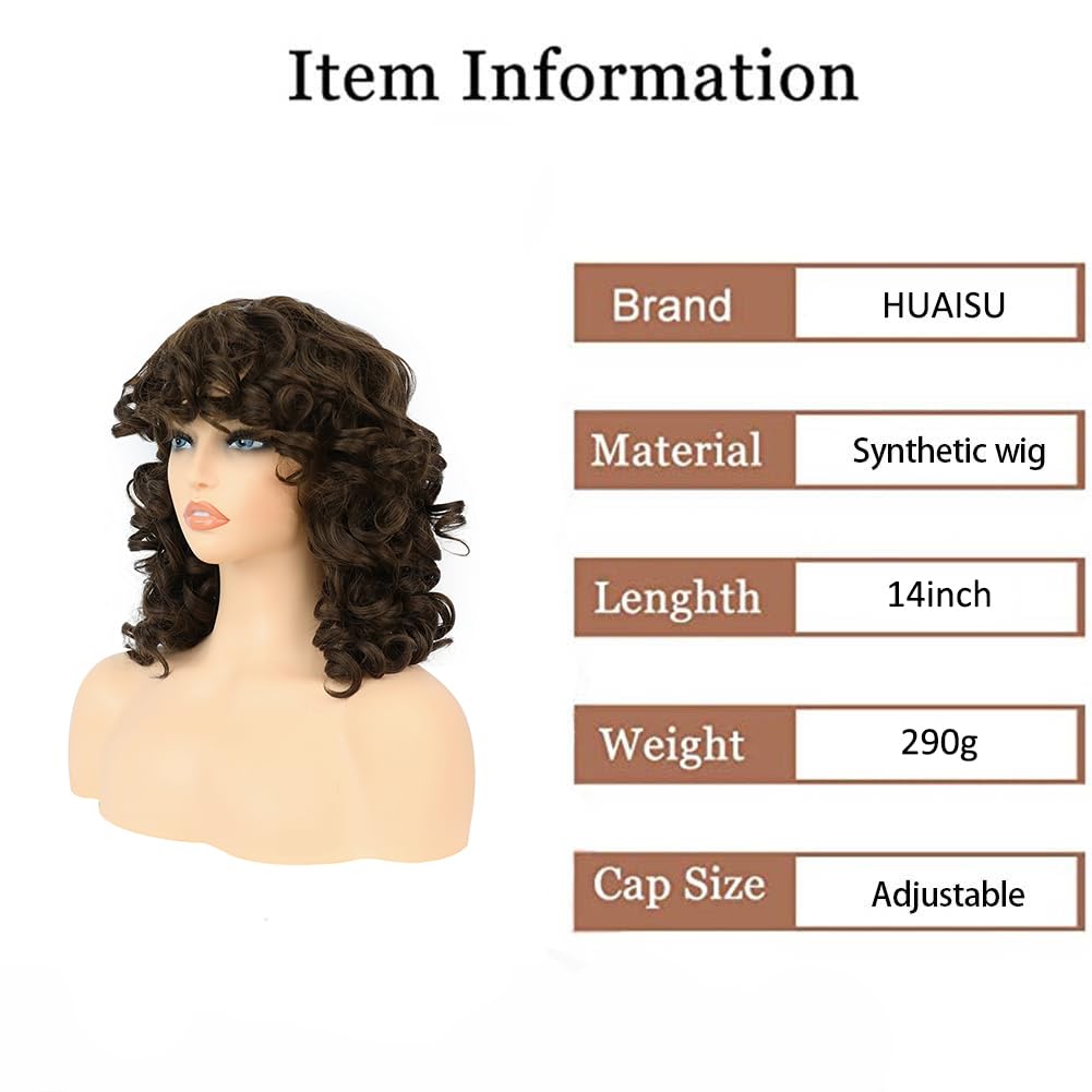 HUAISU Short Brown Curly Kinky Wig with Bangs Synthetic High Density Shoulder Length Deep Wave Density Wig for Women One Piece Heat Resistant Fluffy Cosplay Wig (Brown, 14inch)