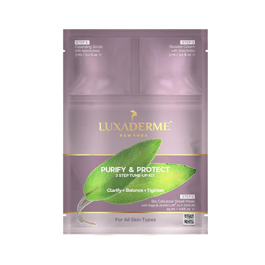 LuxaDerme Purify & Protect 3 Step Tune-Up Kit - Cleansing Scrub, Bio Cellulose Sheet Mask, Booster Cream