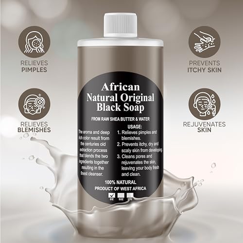 HERBOGANIC African Black Soap Liquid, Natural Liquid Soap From Ghana, Face & Body Wash Supports Moisturizing,Dry Skin, Scars and Dark Spots (8 fl oz)…