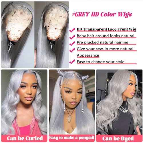 Grey Lace Front Wigs Human Hair for Women, 24inch 150% Density Silver Grey Straight 13X4 HD Transparent Lace Front Wigs Pre Plucked with Baby Hair Natural Hairline