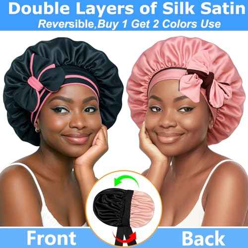 Atgdluk¢ç Reversible Silk Bonnet for Sleeping Women - Double Layer & Color Satin Bonnet, Adjustable Hair Cap for Curly & Textured Hair (Pink & Black)