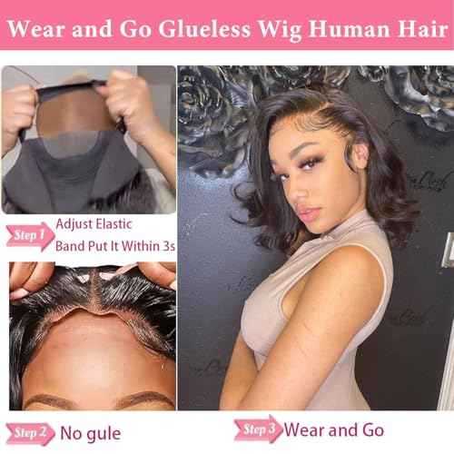 Wear and Go Glueless Bob Wig - Body Wave Lace Front Human Hair Wigs for Black Women - Pre Plucked and Pre Cut 4x4 Lace Closure - No Glue Needed for Beginners (Natural Black Glueless, 28 Inch)