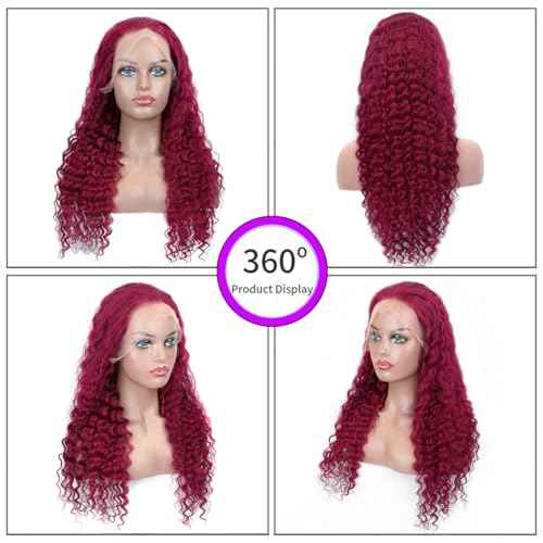 99j Burgundy Lace Front Wigs Human Hair 13x4 Frontal Transparent Lace Deep Wave Wig Human Hair Red Frontal Wigs Human Hair (22 Inch)