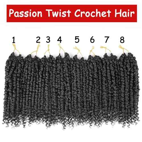 Xtrend 8 Packs Passion Twist Crochet Hair 10 Inch Pre Twisted Natural Black Passion Twist Hair,Pre-looped Crochet Braids Hair For Women Bohemian Synthetic Passion Braiding Hair Extension (8packs, 1B#)