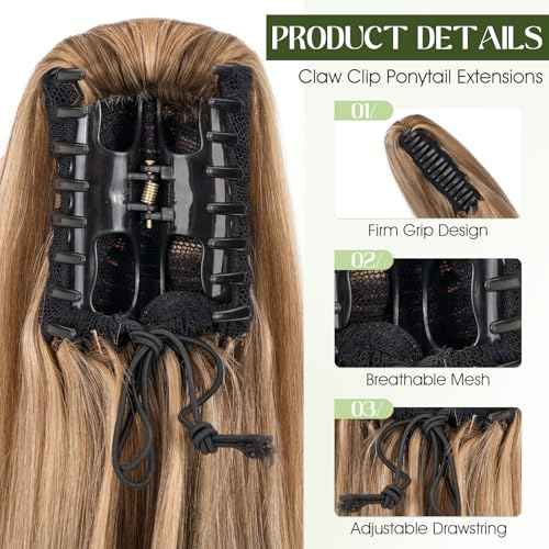 Ponytail Extension, 20 Inch Claw Clip Ponytail Extension Human Hair Long Straight Jaw Clip in Real Hair Pony Tails Hairpieces for Women Medium Brown & Dark Blonde