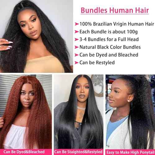 Kinkystraight Human Hair Bundles 3 Bundles 12A 100% Unprocessed Brazilian Virgin Hair Kinky Curly Bundles Human Hair Extensions for Women Quick Weave Yaki Straight Bundles (20 22 24 inch)