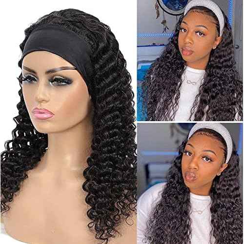 Curly Headband Wig Human Hair 16 Inch Deep Wave Human Hair Headband Wigs for Black Women Human Hair Glueless Real Hair Wig with Headband Attached No Lace Front Wig Human Hair Natural Black Color