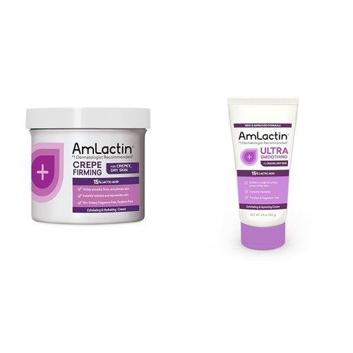 AmLactin Crepe Firming Cream - 12 oz Body Cream with 15% Lactic Acid - Exfoliator and Moisturizer for Crepey, Dry Skin & Ultra Smoothing - 4.9 oz Body & Hand Cream with 15% Lactic Acid