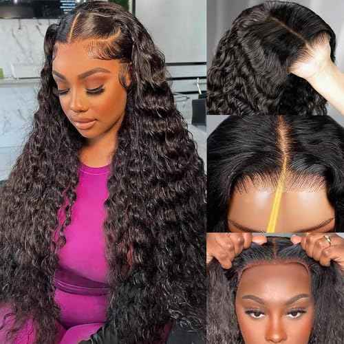 Glueless Wigs Human Hair Pre Plucked Pre Cut 250% Density 5x5 Deep Wave Lace Closure Wigs Human Hair Wear and Go Glueless Wigs Brazilian Virgin Human Hair Wigs (#1B,20Inch)