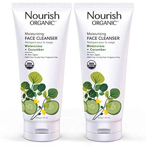 Nourish Organic Moisturizing Face Cleanser for All Skin Types, Watercress + Cucumber Face Wash, Fragrance-Free, 6 Oz (Pack of 2)