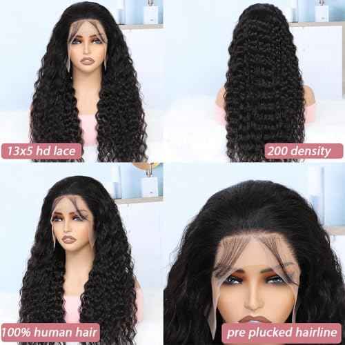 Keshon 13x5 HD Transparent Lace Front Wigs Human Hair Deep Wave 200% Density Frotal wig 13x5 Lace Frontal Wigs Human Hair Pre Plucked with Baby Hair Natural Color 20 inch