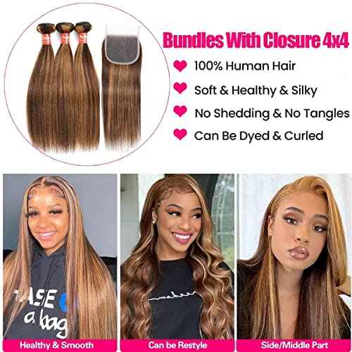 Haha Honey Blonde Highlight Human Hair Bundles With Closure Straight P4/27 Brown Blonde Ombre Bundles With Lace Closure 4x4 Brazilian Raw Human Hair Weave Sew In Extensions 14 16 18+12