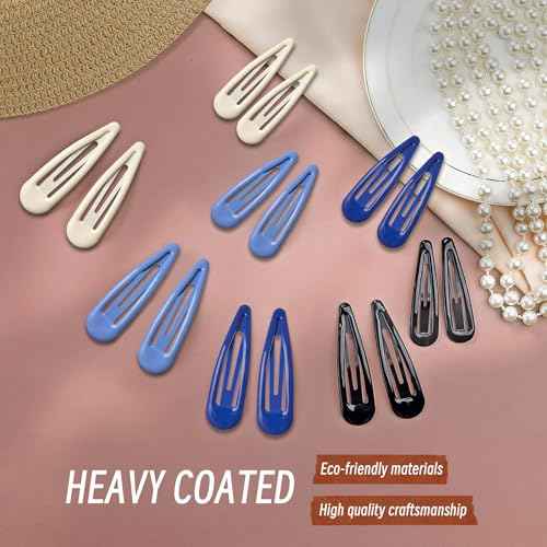Metal Snap Hair Clips, No Slip Hair Clips for Thick/Thin Hair, 16pcs Medium Barrettes for Women Kids Hairstyle Makeup Accessories (8pcs 2.36inch & 8pcs 2.7inch) (Blue White)