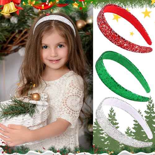 Girls Headbands, 3PCS Headbands for Girls Women Glitter Green Silver Red Christmas Headband Sparkly Sequin Toddler Headband Christmas Hair Accessories