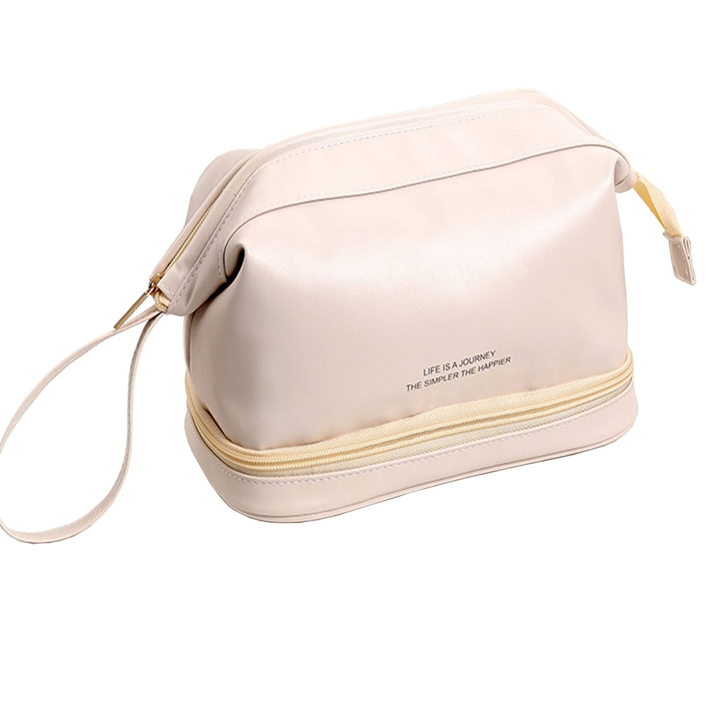 AUSEKALY Makeup Bag Travel Cosmetic Bag Double Layer Leather Toiletry Bag With Brush Bag For Women Girl High Capacity Make Up Bag Portable Waterproof Makeup Pouch White