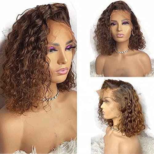 Ombre Brown Curly Brazilian Remy Human Hair Glueless 13¡¿4 HD Lace Front #4/30 Colored Preplucked Deep Part Closure Lace with Baby Hair for Black Women 150% Density 8 Inch