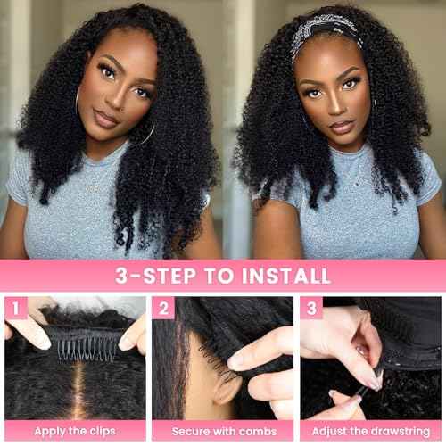 WOWANGEL Kinky Curly Half Wig Human Hair 3-in-1 Glueless Headband Wig with Drawstring, 200 Density Seamless Clip-Ins & Flip Over Design for Black Women,Natural Black(1B#),18 inch