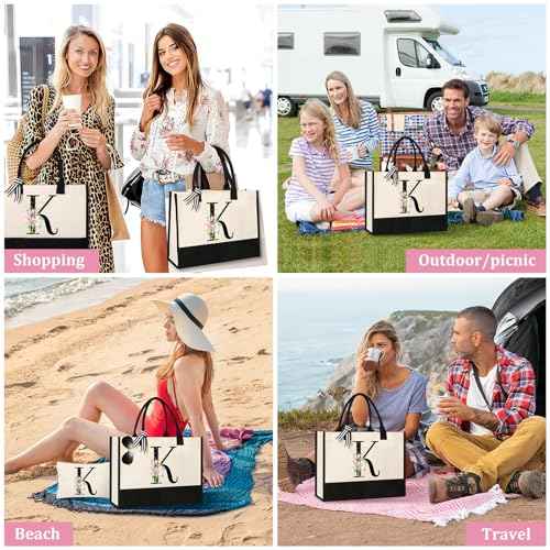 AYGE Personalized Initial Canvas Beach Tote, Monogrammed Gifts for Women, Makeup Bag, Birthday Gifts for Sister, Mom, Teacher, Bridesmaid (K)