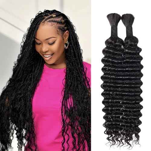 20 Inch Human Braiding Hair for Boho Braids Human Hair 100g 2 Bundles Deep Wave Bulk Human Hair for Braiding No Weft Curly Braiding Hair Bulk Hair Extensions Real Human Hair Natural Color