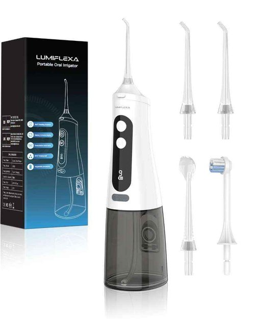 Water Dental Flosser, 300ML Cordless Oral Irrigator Rechargeable Dental Flosser Picks with 9 Levels 5 Jet Tips,IPX7 Waterproof Teeth Cleaner for Braces Gum Care (White)