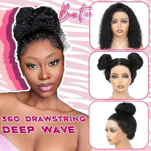 Hidden Strap 360 Lace Front Wigs Human Hair Deep Wave Wig with Drawstring Upgraded Full Lace Frontal Human Hair Wigs Pre Plucked 360 Deep Wave Lace Front Wigs For Black Women (18 Inch)