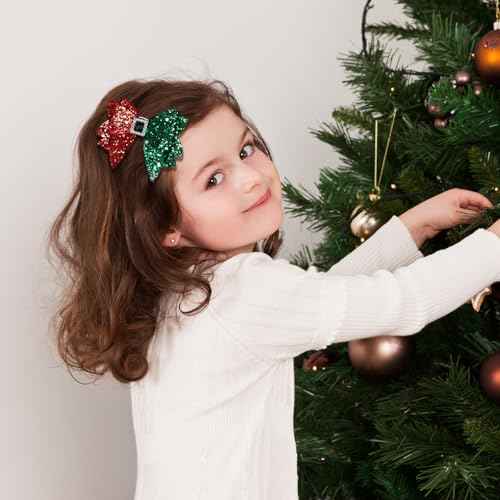 Christmas Hair Bow Clips 3.5 Inch Sparkly Glitter Hairpins Handmade Xmas Hair Accessories for Teens Girls, Red&Green
