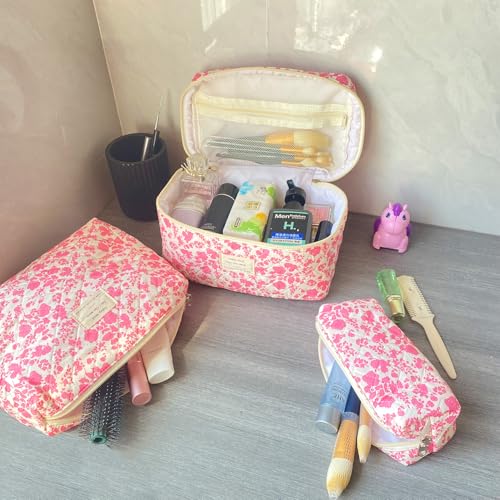 Pink Large Quilted Floral Makeup Bag Set of 3 Cute Coquette Aesthetic Cosmetic Bag Set Travel Toiletry Bag for Women