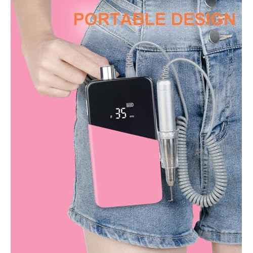 Professional Cordless Nail Drill Machine - Rechargeable Electric Nail File, 35,000 RPM Efile for Acrylic Gel Nails, Pedicure & Manicure Tools with LCD Screen, 13 Drill Bits (Pink)