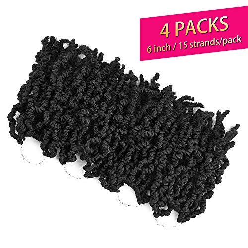 4 Packs Short Curly Spring Pre-twisted Braids Synthetic Crochet Hair Extensions 6 inch 15 strands/pack Ombre Crochet Twist Braids Fiber Fluffy Curly Twist Braiding Hair Bulk (6“ (pack of 4), 1B#)