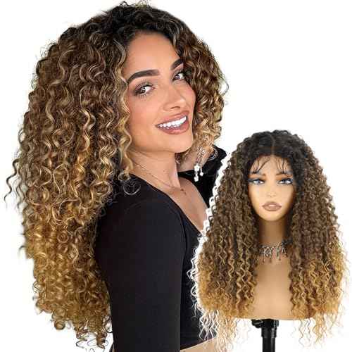 Ombre Blonde 13X4 Lace Front Wig Synthetic Wig with Baby Hair Ombre Brown to Blonde Curly Wig with Natural Preplucked Hairline 24 Inch Long Wigs for Women Daily Party Use