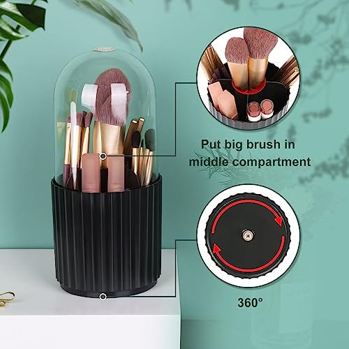 JessLab Makeup Brush Holder Organizer with Lid, 360 Degree Rotatable Spinning Cosmetics Holder Display for Bathroom Vanity Countertop, Black