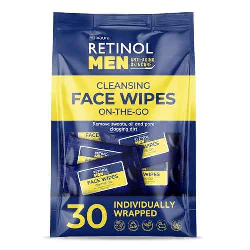 LIVAURA Retinol Men¡¯s Individually Wrapped Wipes, Large Face and Body Wet Wipes with Micellar Water and Vitamins A-C-E, 30 Travel Essentials