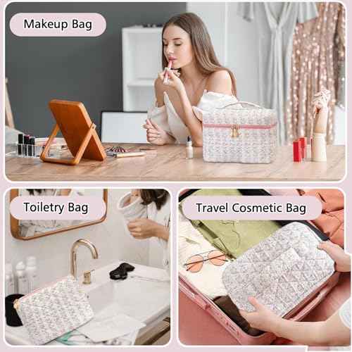 3Pcs Quilted Pink Floral Makeup Bag Cosmetic Bag for Women Teen Girls,Cute Flowers Make Up Bags,Aesthetic Large Cotton Cosmetic Pouch,Flower Coquette Travel Toiletry Organizer Storage Bag