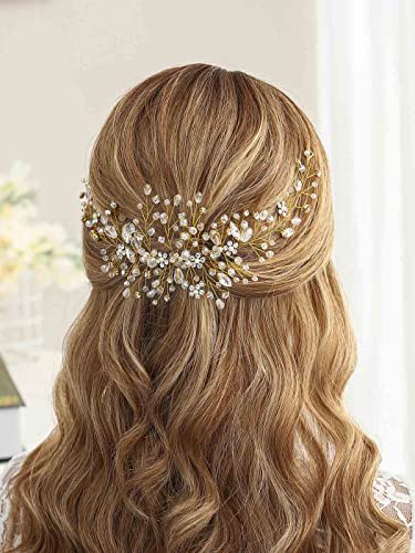 Unicra Bride Flower Wedding Hair Vine Crystal Bridal Hair Piece Rhinestone Party Hair Accessories Leaf Hair Jewelry Bead Headpiece for Women and Girls (Gold)