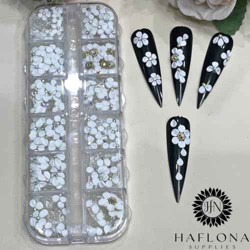 Set 132 White 3D Flowers for Nails, Handmade 3D Acrylic Flowers for Nails, Flower Nail Charms Rhinestones Gems by Acrylic Powder Design Deco Nail Art Women Girls (Set White Mix 132)