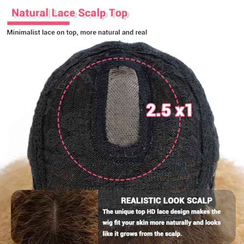 Rebecca Fashion Afro Kinky Curly Wig with Bangs Human Hair Minimalist 2.5x1 Lace Scalp Wig for Women Glueless Wear and Go Wigs Ombre Dark Brown to Honey Blonde Color