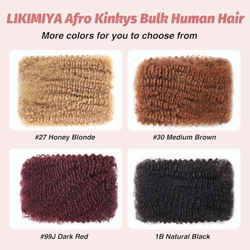 Afro Kinkys Bulk Human Hair for Twist Braiding Mini Braids Locs Dreadlock Extensions Afro Kinky-Curly Human Braiding Hair Bundles For Men Women Kids 20 Inch 4 Bulks 120g 1B Natural Black Easy to Braid