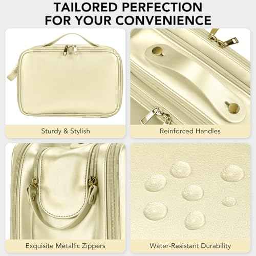 Travel Makeup Bag Women's Large Capacity Cosmetic Portable Organizer Large Opening Waterproof Storage Toiletry Bags Vertical Free-Standing Brush Holder for Easy Access Gold