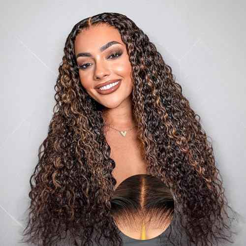 BLY Highlight Wear and Go Glueless Wig Water Wave Human Hair Wigs for Women 18 Inch 5x7 HD Lace Pre Cut Pre Plucked 2/30 Ombre Brown Colored Deep Wave Lace Front Wig 180% Density